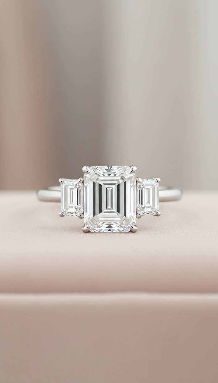 Platinum Three-Stone Emerald-Cut Diamond Ring